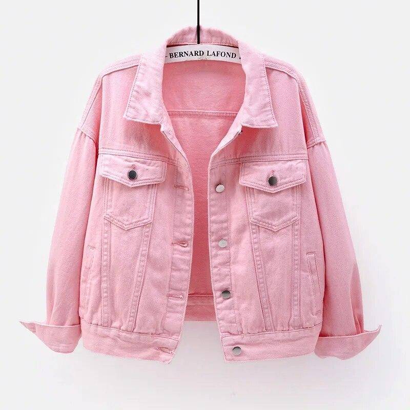 Frühling herbst Neue Jeansjacke Frauen Casual Tops Kurzmantel Weibliche farbe Jean Jacken Lose Oberbekleidung Frau Tops 4XL rosa von Joom DACH