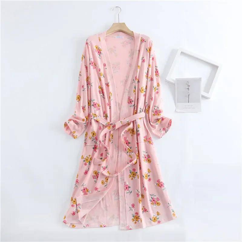 Frühling und Herbst Baumwoll-Waffel-Kimono-Bademantel und Nachthemd für die Braut, Homewear für Damen, Blumendruck, Schärpen, Hausmantel für Damen 2XL von Joom DACH
