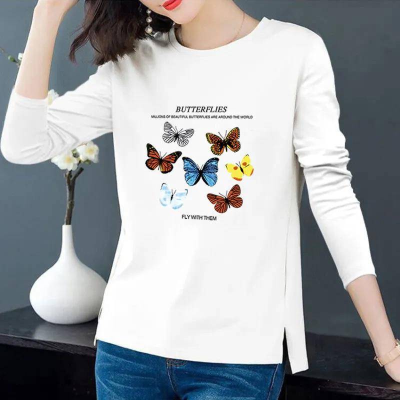 Frühling & Herbst Damen Baumwollpullover Lässiges Schlitz-T-Shirt Hemd mit sieben Schmetterlings-Print Langarm-Unterhemd M weiß von Joom DACH