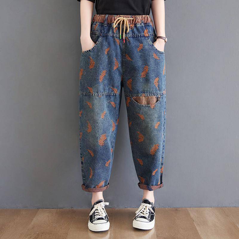 Frühling und Herbst Damen Jeans Retro-Stil Plus Größe Lockere Bequeme Elastische Taille Krawatte Mode Lässige Jeans M von Joom DACH