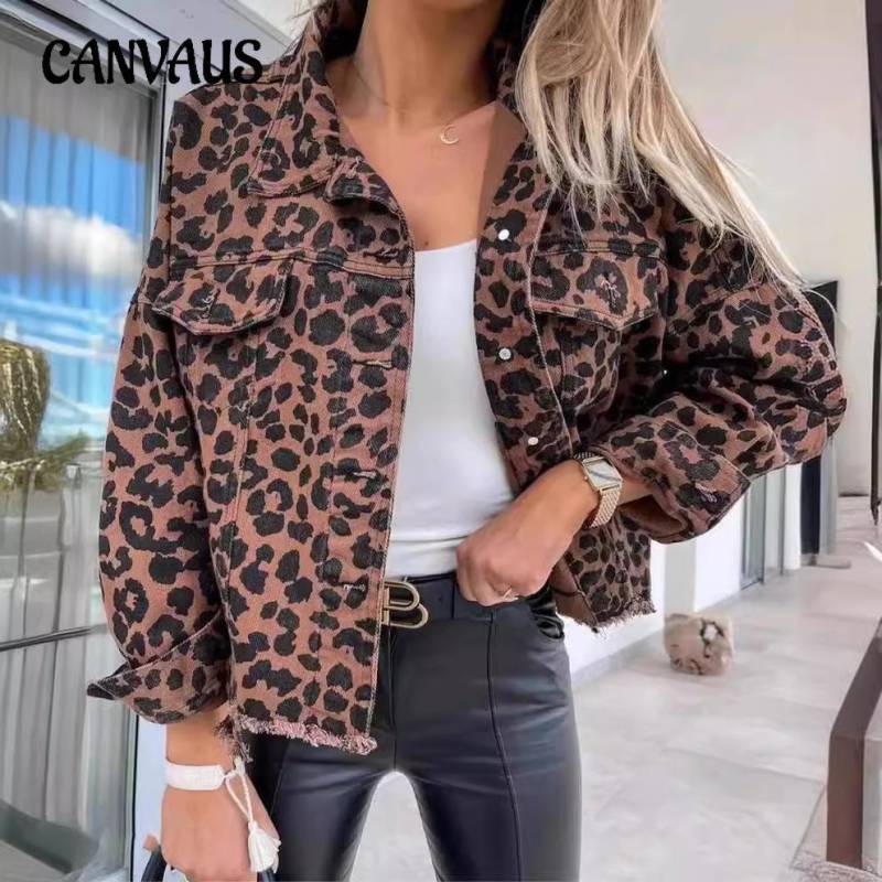 Frühling und Herbst Damen Jeansjacke Leopardenmuster Langarm Kurze Lockere Art Freizeitjacke L leopard print von Joom DACH