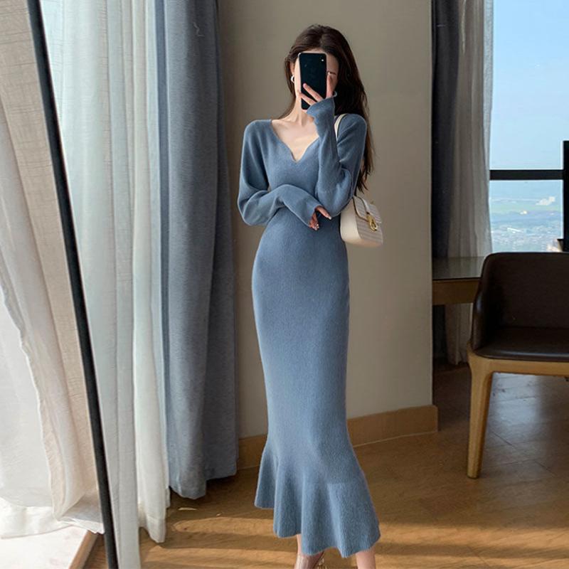 Frühling und Herbst Damen Kleid Blau Temperament Weiß Hohe Taille Taille V-Ausschnitt Slim Fit Mittellanges Fischschwanz Kleid Mädchen XL blau von Joom DACH