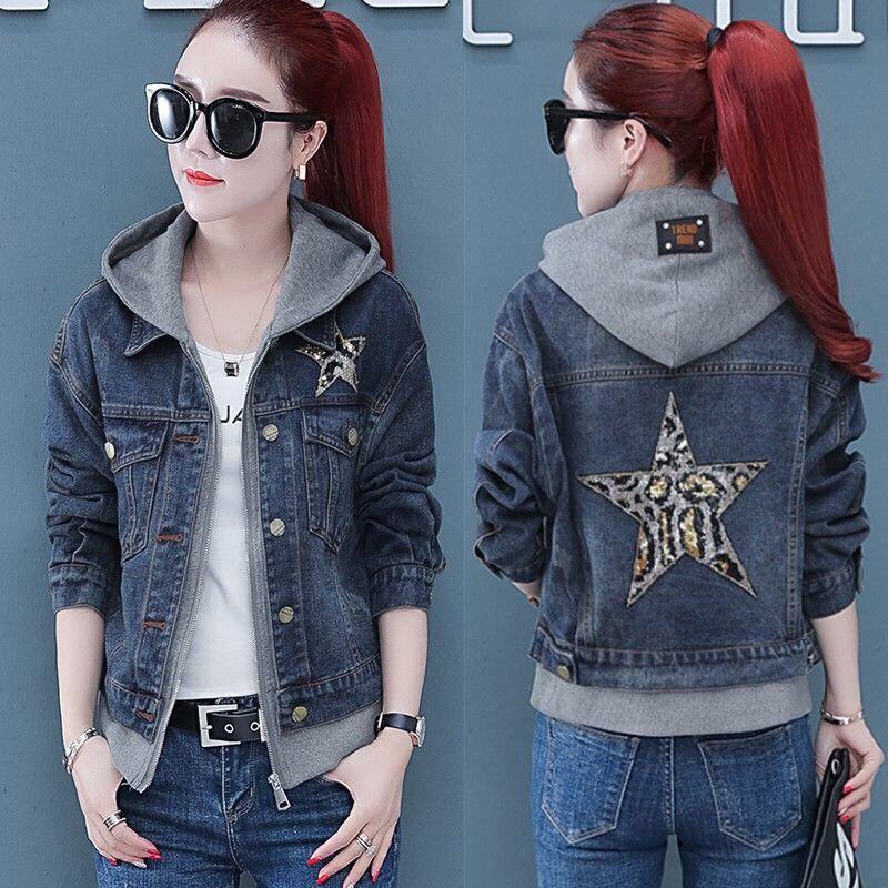 Frühling und Herbst Damen Lose Kapuze Casual Denim Kurze Jacke S grau Frühling und Herbst Damen Lose Kapuze Casual Denim Kurze Jacke S grau von Joom DACH