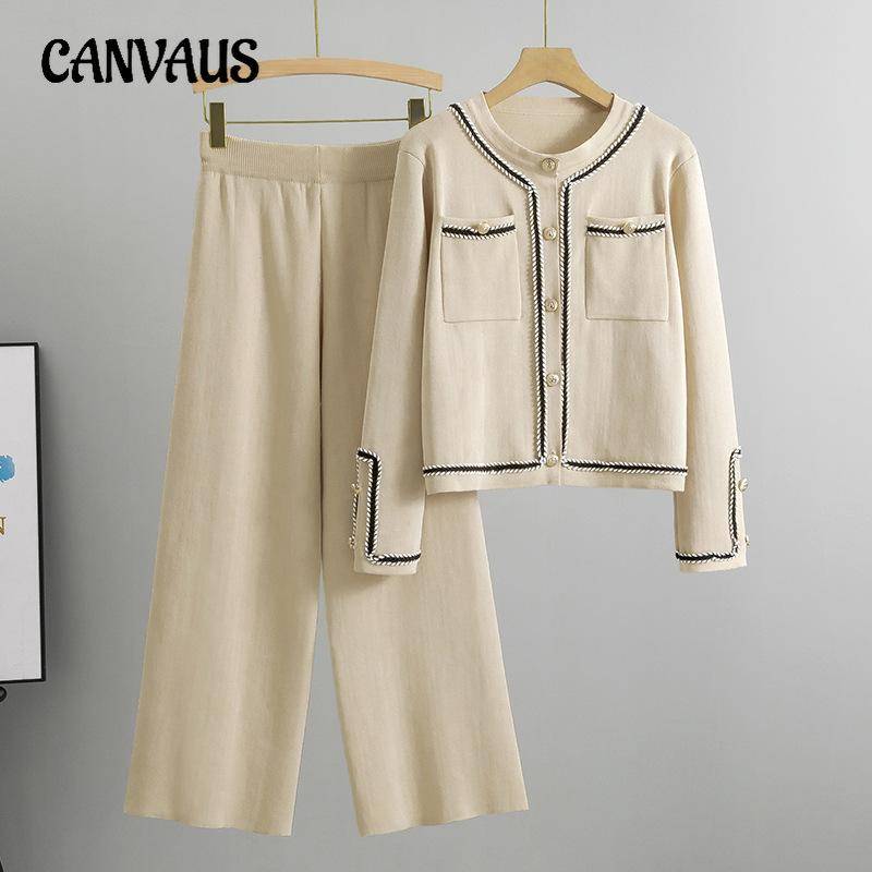 Frühling und Herbst Damen Plus Size Fashion Temperament Rundhals Strickjacke Set Little Fragrance Hosenanzug One Size apricot von Joom DACH