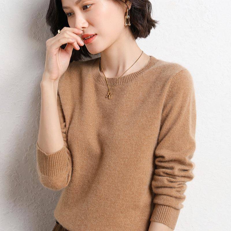 Frühling und Herbst Damen Pullover Pullover Strickpullover Rundhals Langarm Pullover Bottom Shirt Einfarbiger Pullover L goldgelb/kamelfarben von Joom DACH