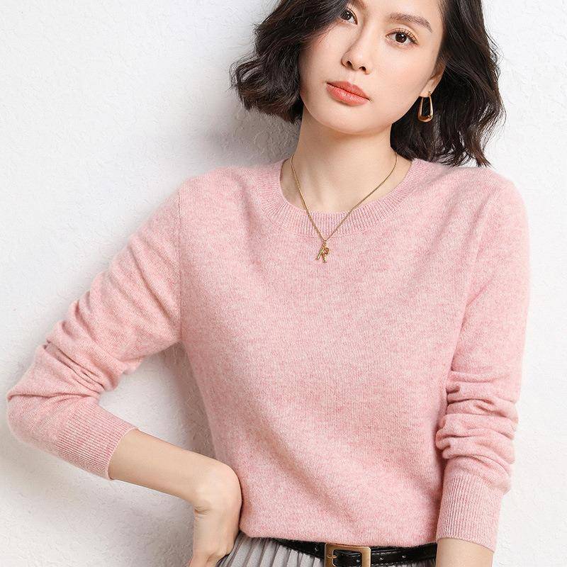 Frühling und Herbst Damen Pullover Pullover Strickpullover Rundhals Langarm Pullover Bottom Shirt Einfarbiger Pullover L rosa von Joom DACH