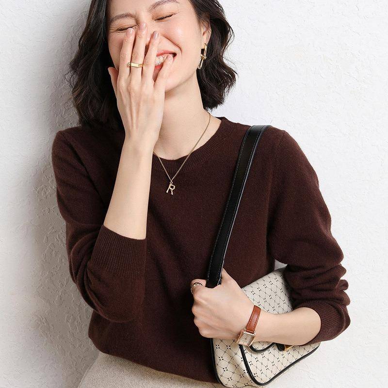 Frühling und Herbst Damen Pullover Pullover Strickpullover Rundhals Langarm Pullover Bottom Shirt Einfarbiger Pullover M kaffeebraun von Joom DACH