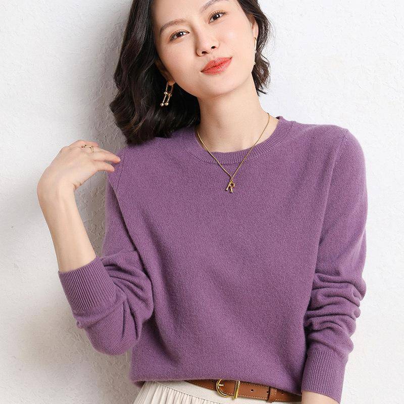 Frühling und Herbst Damen Pullover Pullover Strickpullover Rundhals Langarm Pullover Bottom Shirt Einfarbiger Pullover XXL violett von Joom DACH
