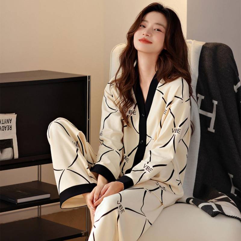 Frühling und Herbst Damen Pyjama Homewear Set Pyjamas Frauen Langarm Strickjacke Ins Niedlich Herbst Pyjamas Homewear L weiß von Joom DACH
