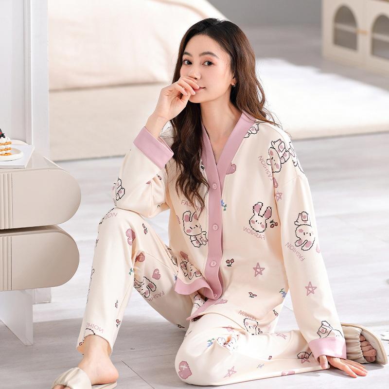 Frühling und Herbst Damen Pyjama Homewear Set Pyjamas Frauen Langarm Strickjacke Ins Niedlich Herbst Pyjamas Homewear S von Joom DACH