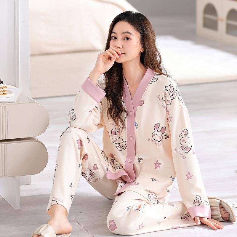 Frühling und Herbst Damen Pyjama Homewear Set Pyjamas Frauen Langarm Strickjacke Ins Niedlich Herbst Pyjamas Homewear S beige von Joom DACH