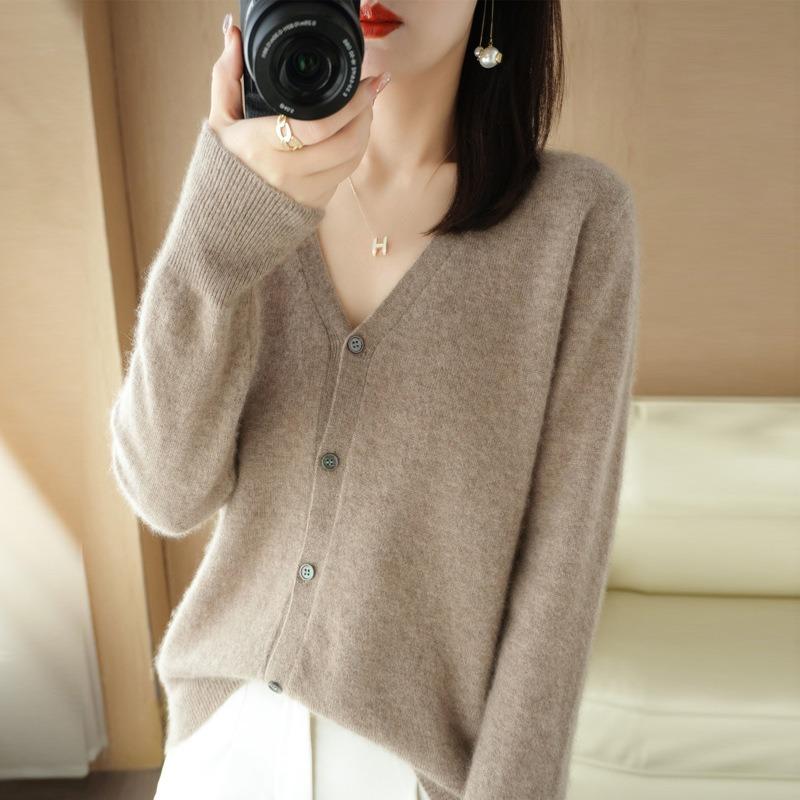 Frühling und Herbst Damen Strickjacke Jacke V-Ausschnitt Strickjacke Kurzer lockerer Schößchenpullover Fadenpullover 2XL kamelfarben von Joom DACH