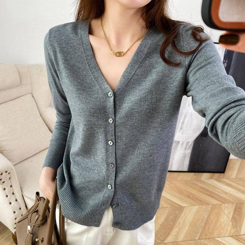 Frühling und Herbst Damen Strickjacke Jacke V-Ausschnitt Strickjacke Kurzer lockerer Schößchenpullover Fadenpullover M graue von Joom DACH