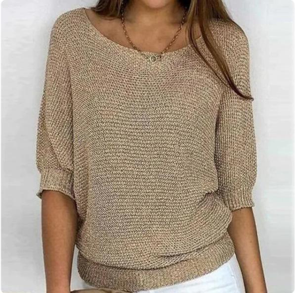 Frühling und Herbst Damen Strickwaren einfarbig Rundhals Strickpullover Pendler elegantes Sieben-Ärmel-Top 4XL khaki von Joom DACH
