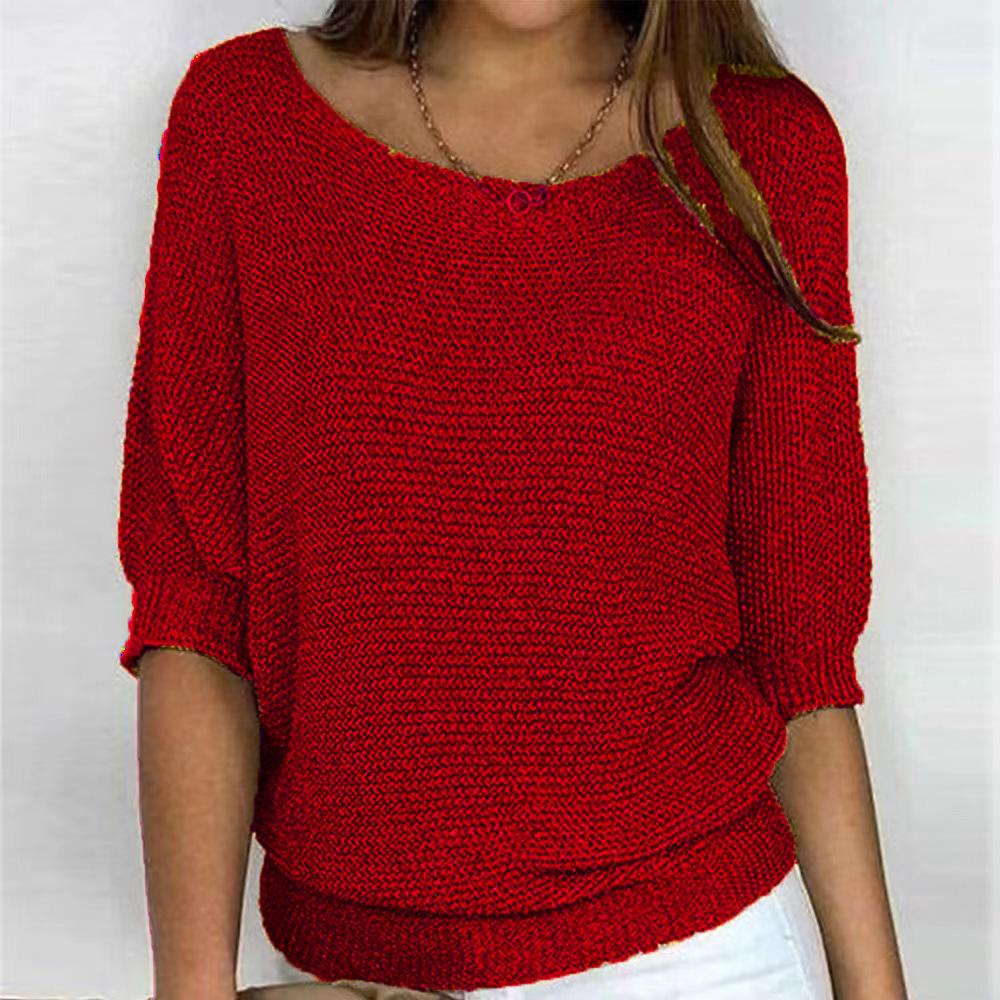 Frühling und Herbst Damen Strickwaren einfarbig Rundhals Strickpullover Pendler elegantes Sieben-Ärmel-Top 5XL rot von Joom DACH