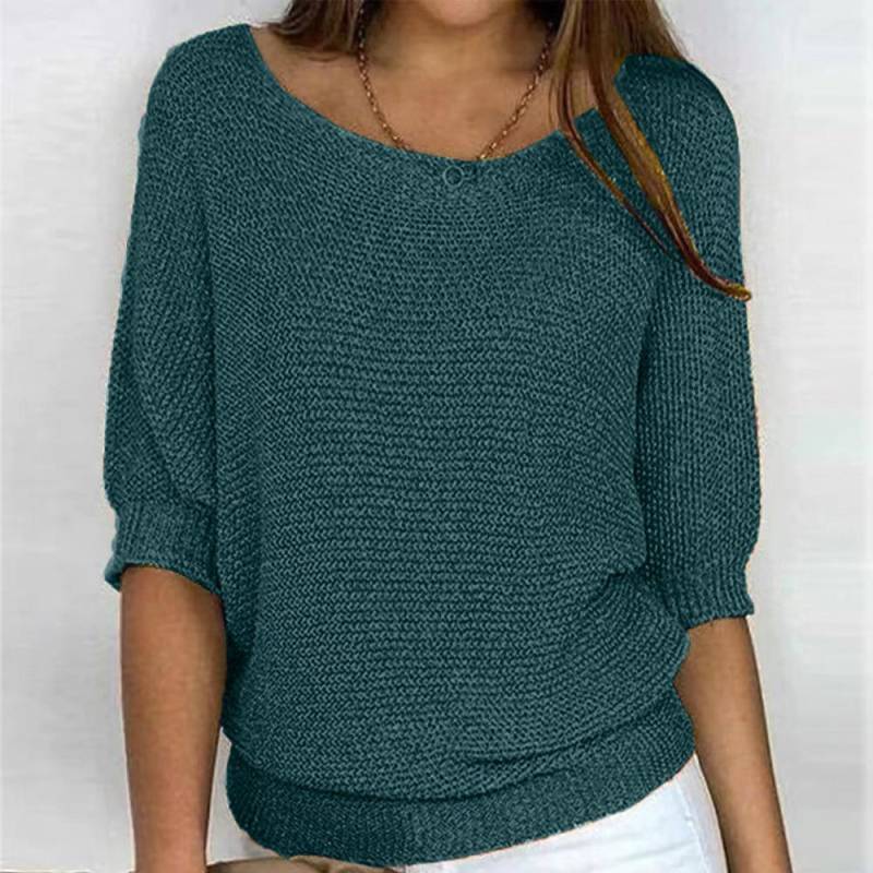 Frühling und Herbst Damen Strickwaren einfarbig Rundhals Strickpullover Pendler elegantes Sieben-Ärmel-Top L blau/grün von Joom DACH