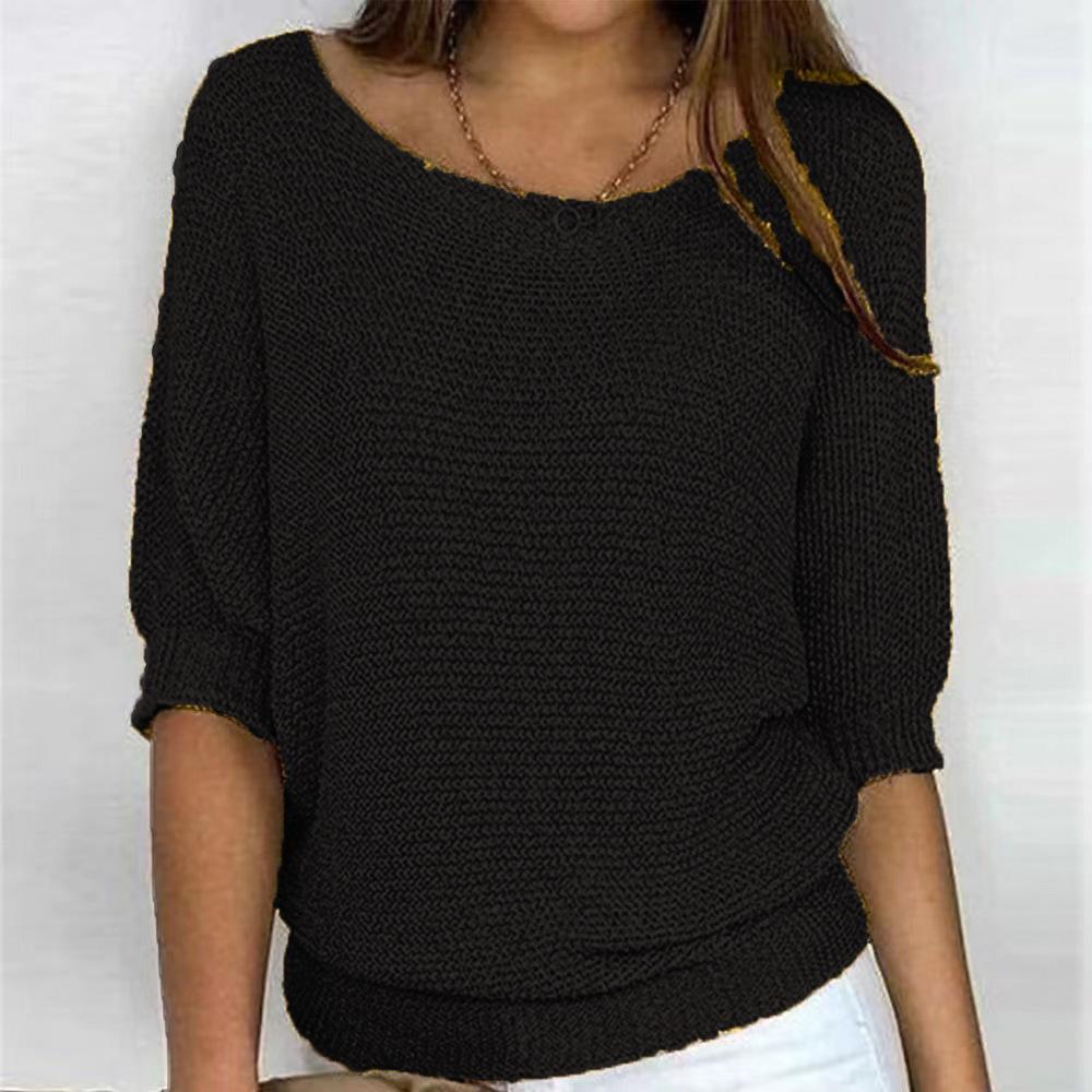 Frühling und Herbst Damen Strickwaren einfarbig Rundhals Strickpullover Pendler elegantes Sieben-Ärmel-Top L schwarz von Joom DACH