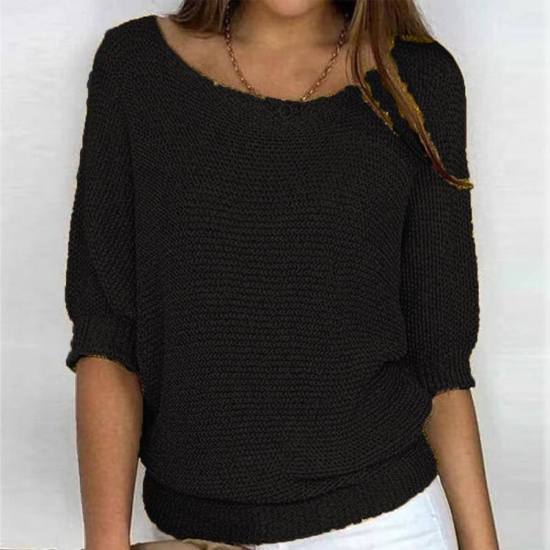 Frühling und Herbst Damen Strickwaren einfarbig Rundhals Strickpullover Pendler elegantes Sieben-Ärmel-Top L schwarz von Joom DACH
