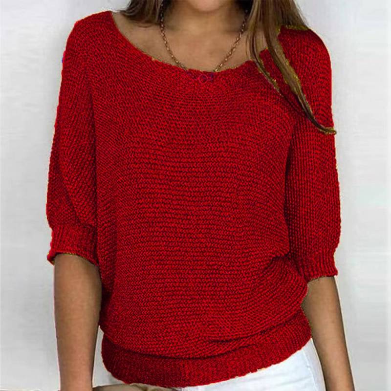 Frühling und Herbst Damen Strickwaren einfarbig Rundhals Strickpullover Pendler elegantes Sieben-Ärmel-Top M rot von Joom DACH