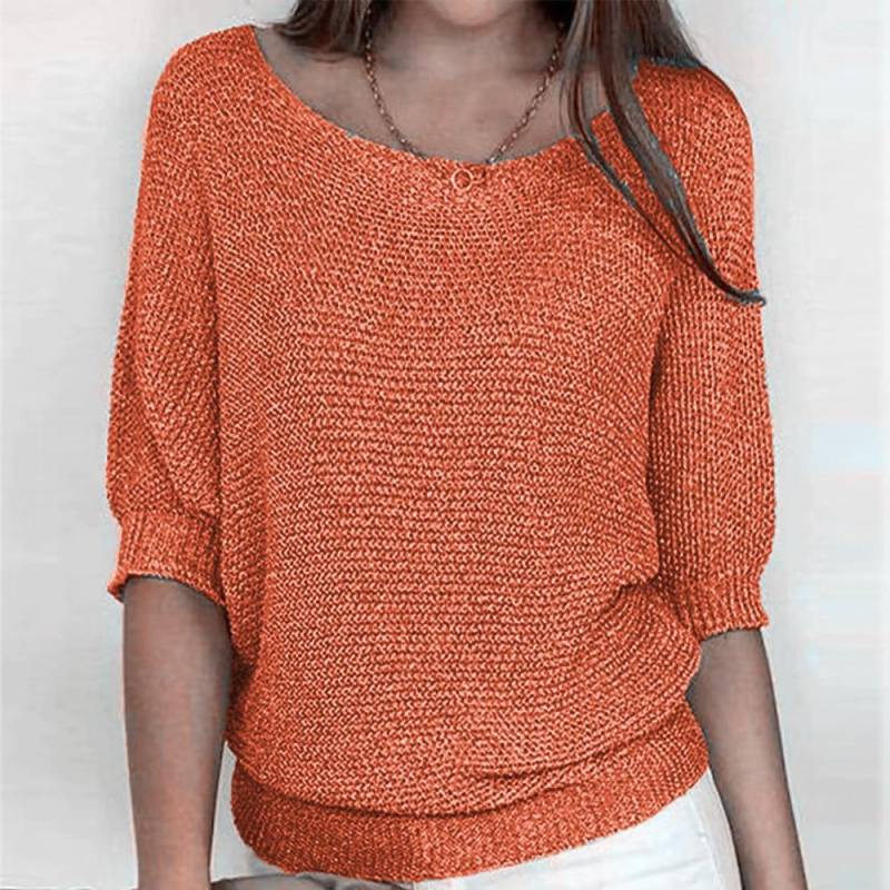 Frühling und Herbst Damen Strickwaren einfarbig Rundhals Strickpullover Pendler elegantes Sieben-Ärmel-Top S orange von Joom DACH