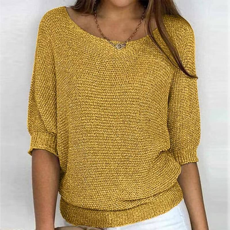 Frühling und Herbst Damen Strickwaren einfarbig Rundhals Strickpullover Pendler elegantes Sieben-Ärmel-Top XL gelb von Joom DACH