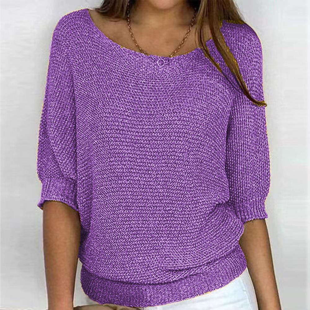 Frühling und Herbst Damen Strickwaren einfarbig Rundhals Strickpullover Pendler elegantes Sieben-Ärmel-Top XL violett von Joom DACH