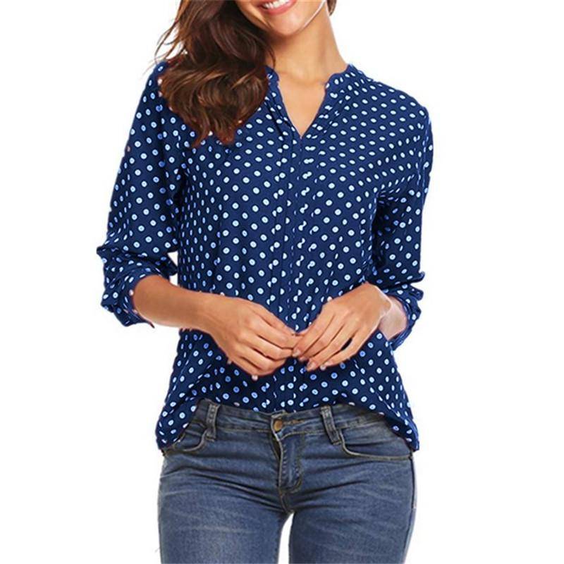 Frühling und Herbst Damen Übergröße Hemd Punkte bedruckt V-Ausschnitt Langarm Pull Ärmel lose Bluse L dunkelblaue von Joom DACH