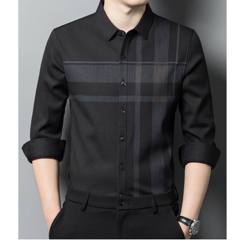 Frühling und Herbst Einseitiges Fleece-Streifenhemd Herren Langarm Revers Freizeithemd Herrenbekleidung für junge und mittlere Altersgruppen XXXXL von Joom DACH