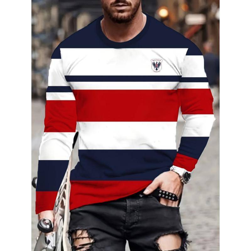 Frühling und Herbst Herren Elegantes Streifen Color Clash Langarm T-Shirt Lässig Bequem Polyester Maschinenwaschbar 6XL von Joom DACH
