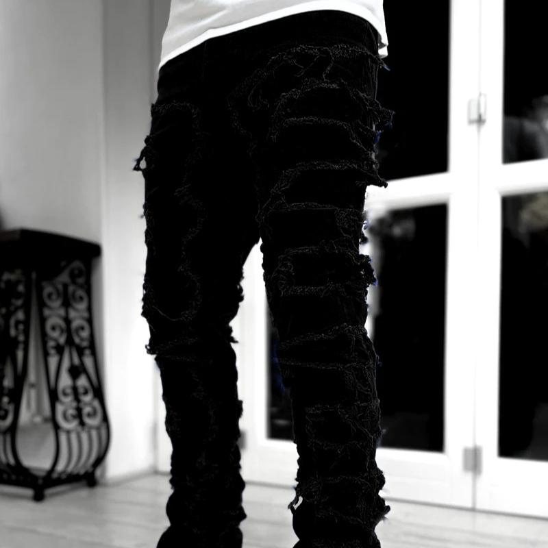 Frühling und Herbst Individuell geflickte schwarze Hose Elastische Quasten-Patch Denim Straight Hose Lang Enganliegend Gesmokte Jeans für Herren XS schwarz von Joom DACH