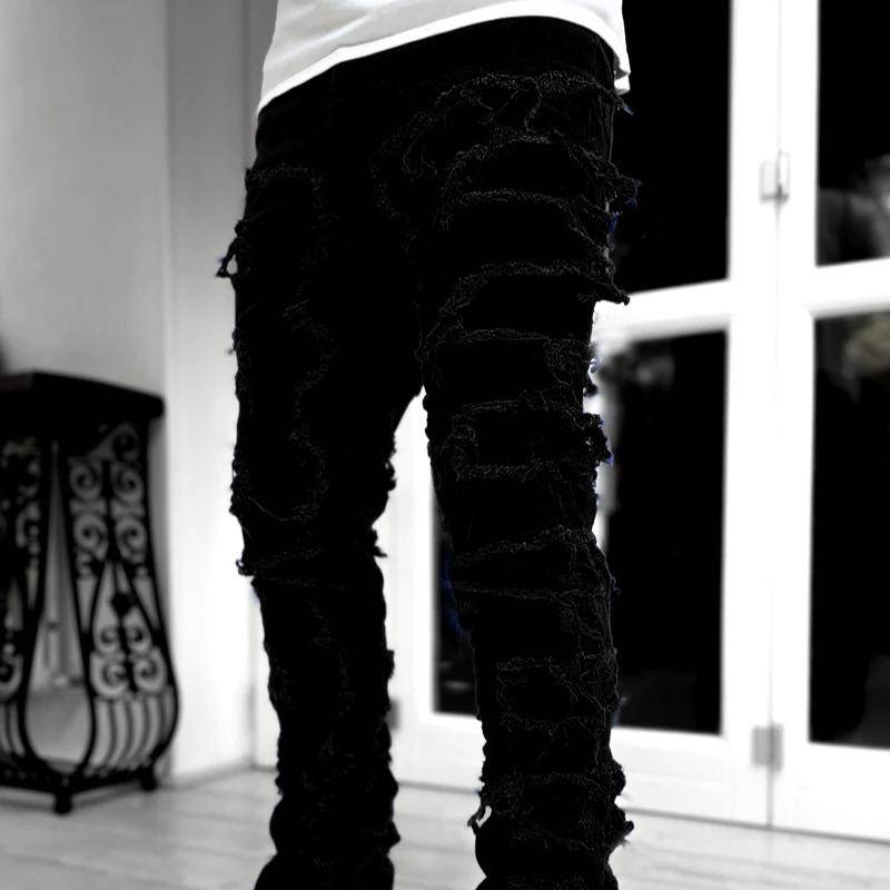 Frühling und Herbst Individuell geflickte schwarze Hose Elastische Quasten-Patch Denim Straight Hose Lang Enganliegend Gesmokte Jeans für Herren XS schwarz von Joom DACH