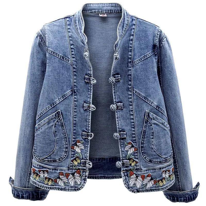 Frühling und Herbst Jeansjacke Damen Kurze All-Match Retro Chinesischer Stil Bestickte Stretchjacke Schlankes Top Trendy XXXL blau von Joom DACH