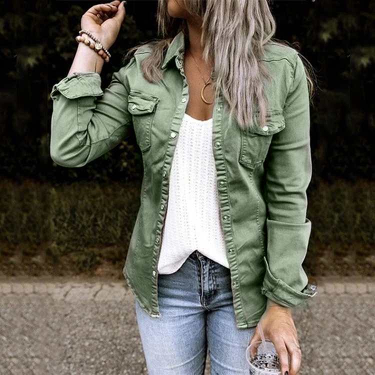 Frühling und Herbst Jeansjacke Hemd Langarm Revers Einreihige Strickjacke Mittellanges Jeansoberteil Damen L armee grüne von Joom DACH