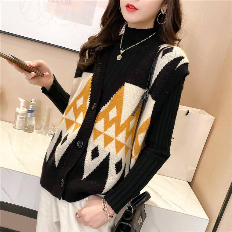 Frühling und Herbst Lässiger Stil Alleskombinierbar V-Ausschnitt Strickjacke Ärmellos Farbblock Loose Pullover Raute Tragen Weste Gestrickte Weste Damen L von Joom DACH