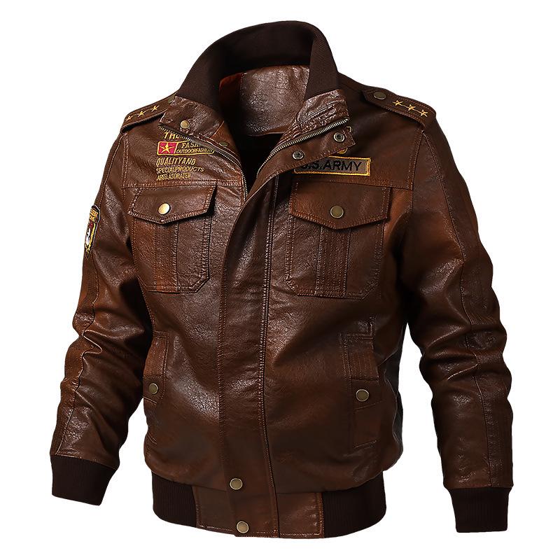 Frühling und Herbst Lockere große Herren Lederjacke mit mehreren Taschen Lässige gewaschene Motorradjacke aus Pu-Leder 6XL braun von Joom DACH