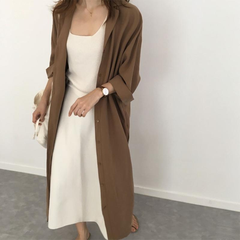 Frühling und Herbst Lockere und Dünne Einfarbige Revers Über Dem Knie Anti-sai Langes Hemd Strickjacke Windjacke Damen Bluse XXL hellbraun von Joom DACH
