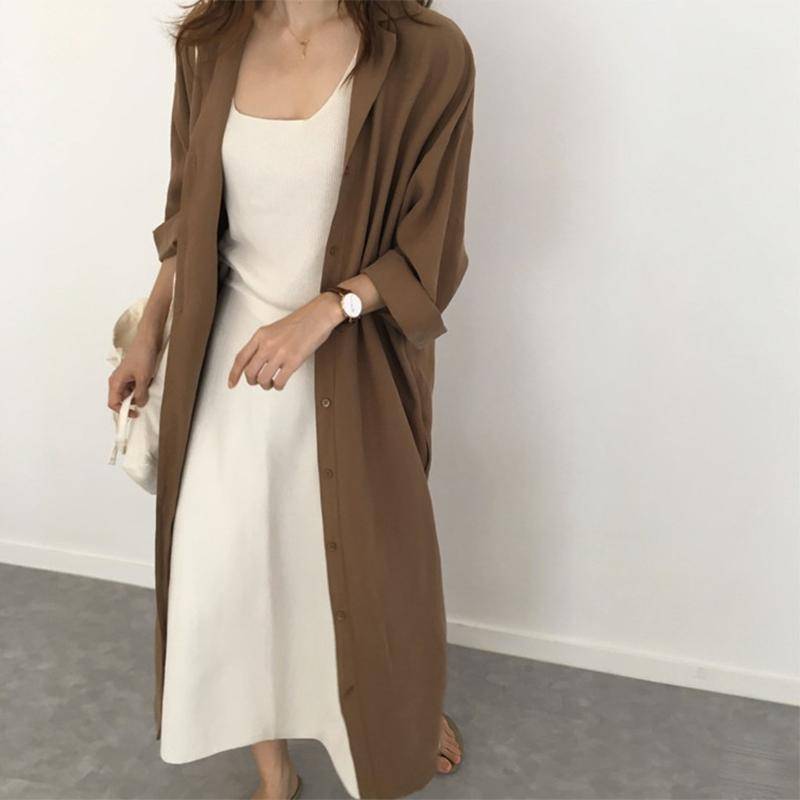 Frühling und Herbst Lockere und Dünne Einfarbige Revers Über Dem Knie Anti-sai Langes Hemd Strickjacke Windjacke Damen Bluse XXL hellbraun von Joom DACH