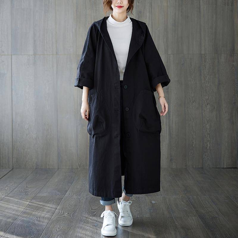 Frühling und Herbst Lose Große Größe Frauen Knie-länge Große Taschen Casual Alle Metch Windjacke Weibliche Mit Kapuze One size schwarz von Joom DACH