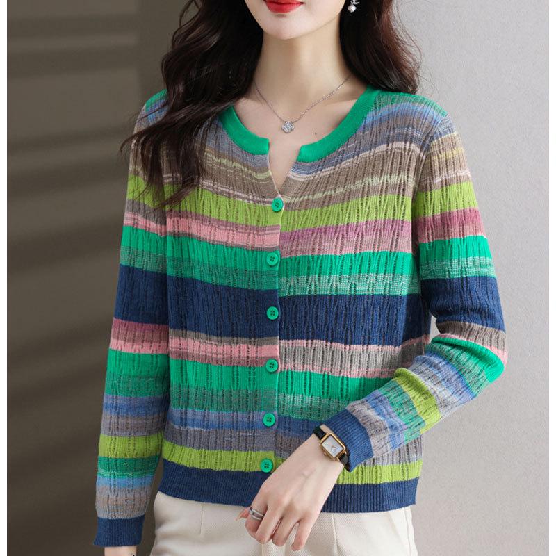 Frühling und Herbst Mama Kleidung Pullover Mode Neue Pullover Damen Gestreifte Strickjacke Damen Jacke Top 3XL von Joom DACH