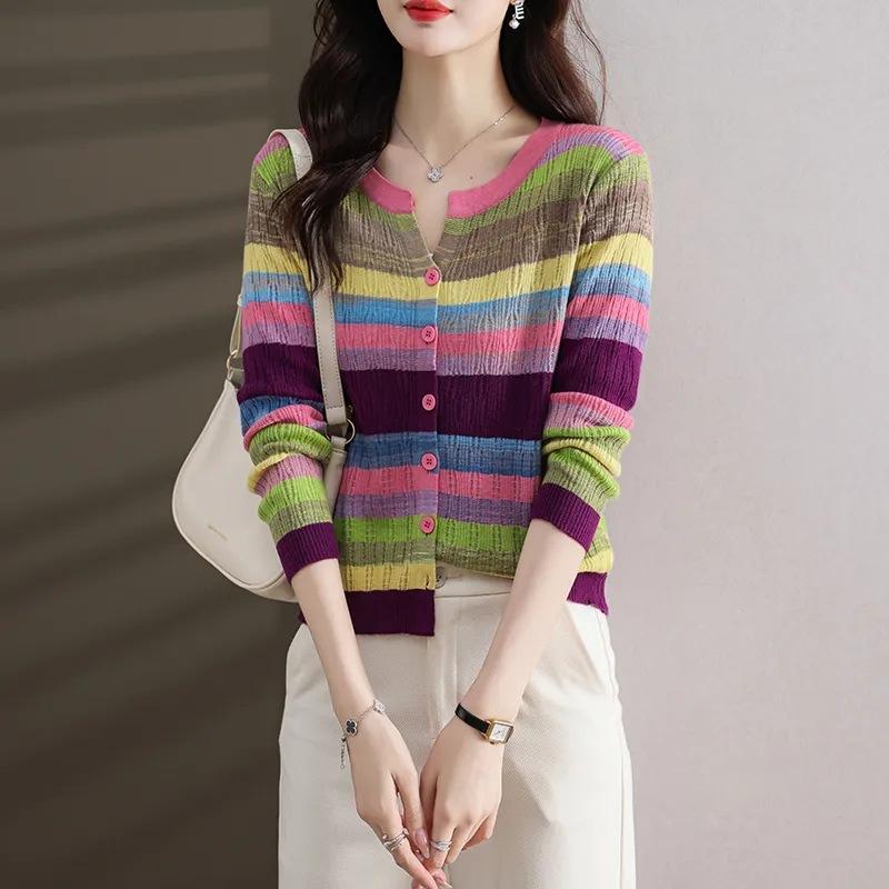 Frühling und Herbst Mama Kleidung Pullover Mode Neue Pullover Damen Gestreifte Strickjacke Damen Jacke Top 3XL von Joom DACH