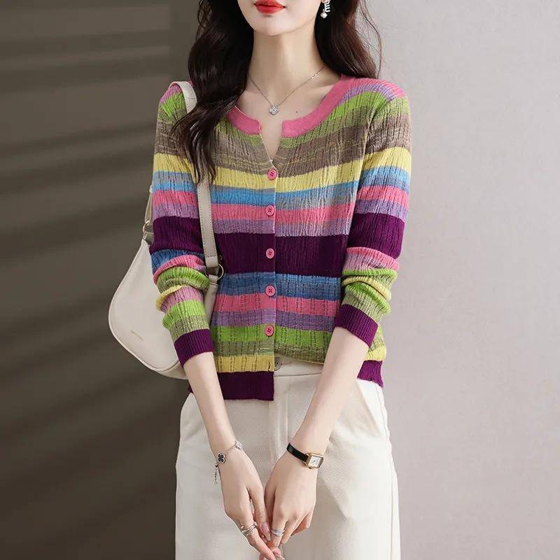 Frühling und Herbst Mama Kleidung Pullover Mode Neue Pullover Damen Gestreifte Strickjacke Damen Jacke Top 3XL von Joom DACH