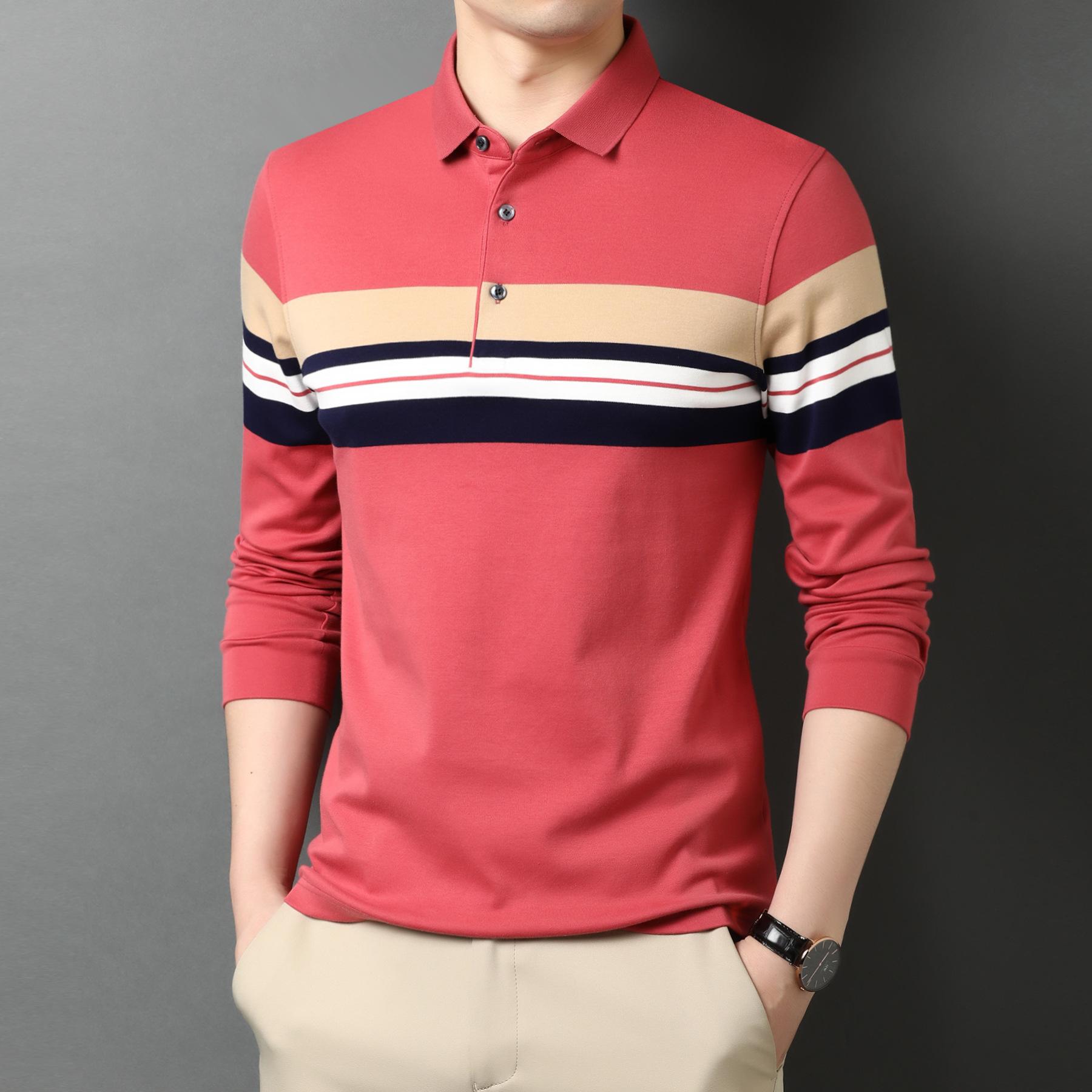 Frühling und Herbst Mittelalter Herren Langarm T-Shirt Papa Herbst Outfit Locker Gestreiftes Revers Poloshirt Dünn XL von Joom DACH