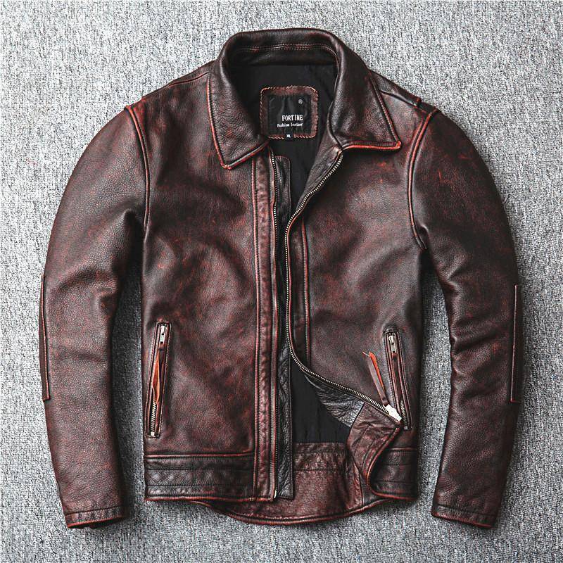 Frühling und Herbst Neu Mai Khaki Braun Vintage To Do Alt Erste Schicht Rindsleder Leder Herren Motorrad Smoking 6XL von Joom DACH