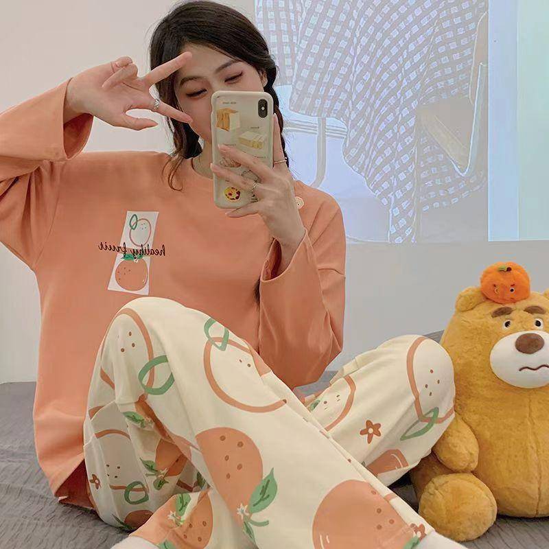 Frühling und Herbst Neue Damen Pyjamas Hausanzug Set für Mädchen Studentinnen Herbst und Winter Hausanzug Übergröße Cartoon Locker Pyjama Set 4XL orange von Joom DACH