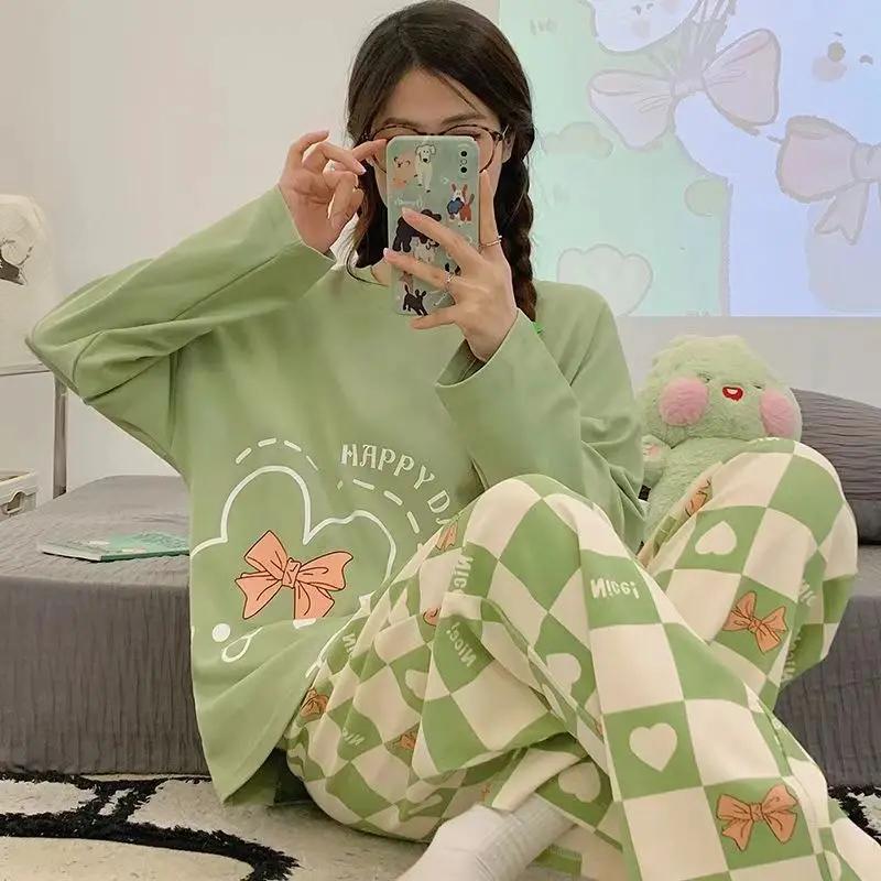 Frühling und Herbst Neue Damen Pyjamas Hausanzug Set für Mädchen Studentinnen Herbst und Winter Hausanzug Übergröße Cartoon Locker Pyjama Set M grün von Joom DACH
