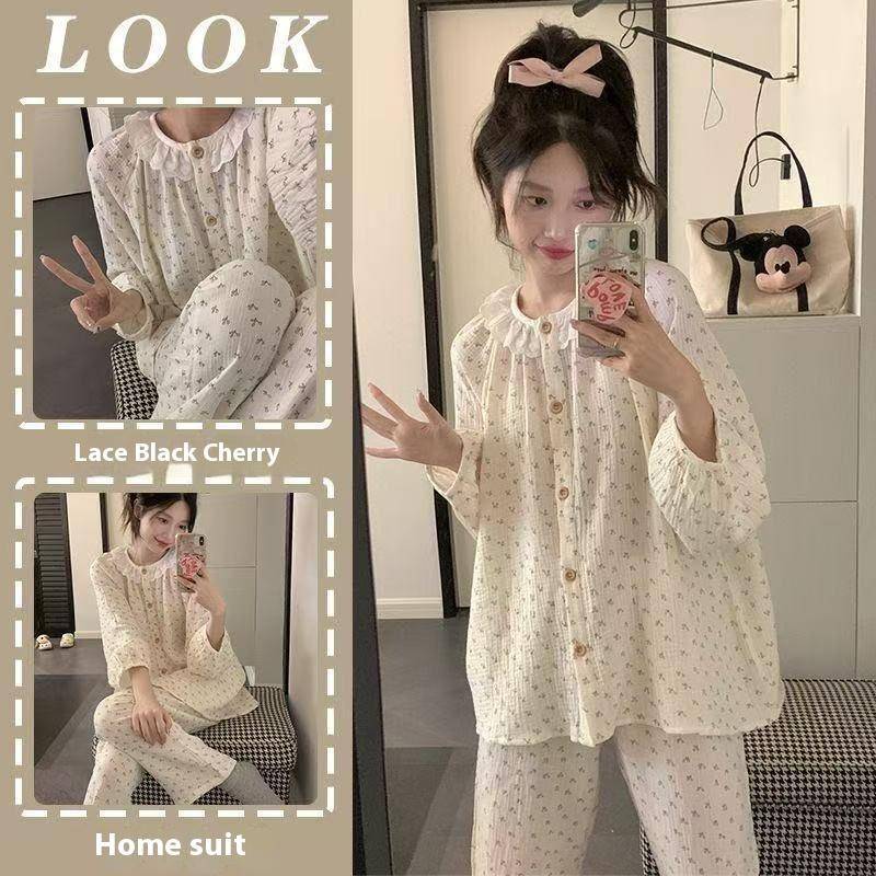 Frühling und Herbst Neue Damen Pyjamas Loungewear Set Mädchen Studenten Wolkenbaumwolle Niedliche Spitze Langärmlig Lange Hose Loungewear Set 2XL von Joom DACH