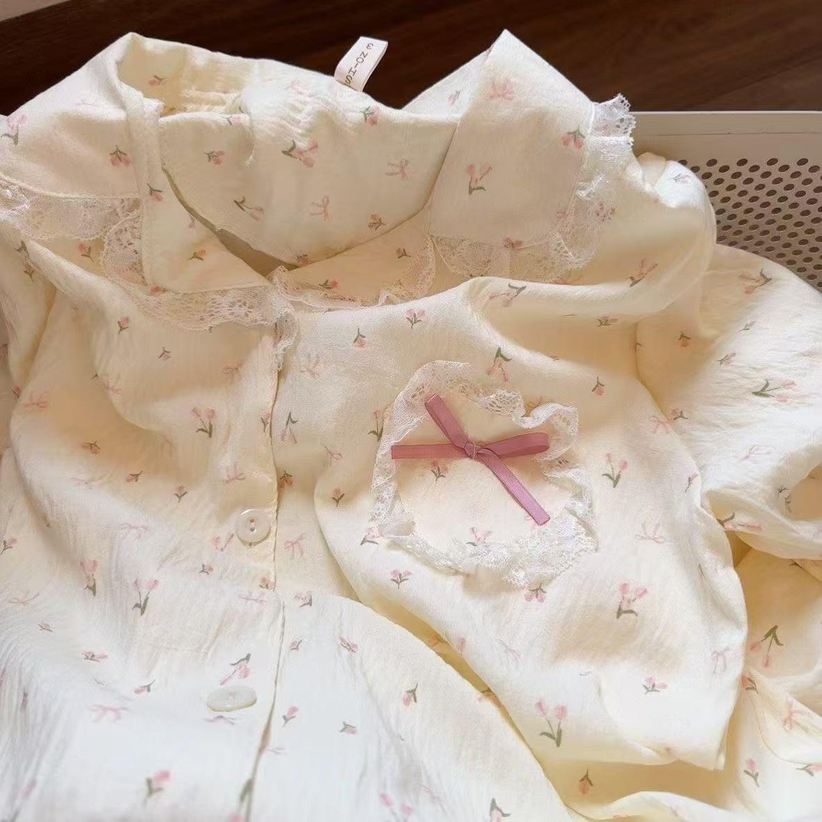 Frühling und Herbst Neue Damen Pyjamas Loungewear Set Mädchen Studenten Wolkenbaumwolle Niedliche Spitze Langärmlig Lange Hose Loungewear Set L von Joom DACH