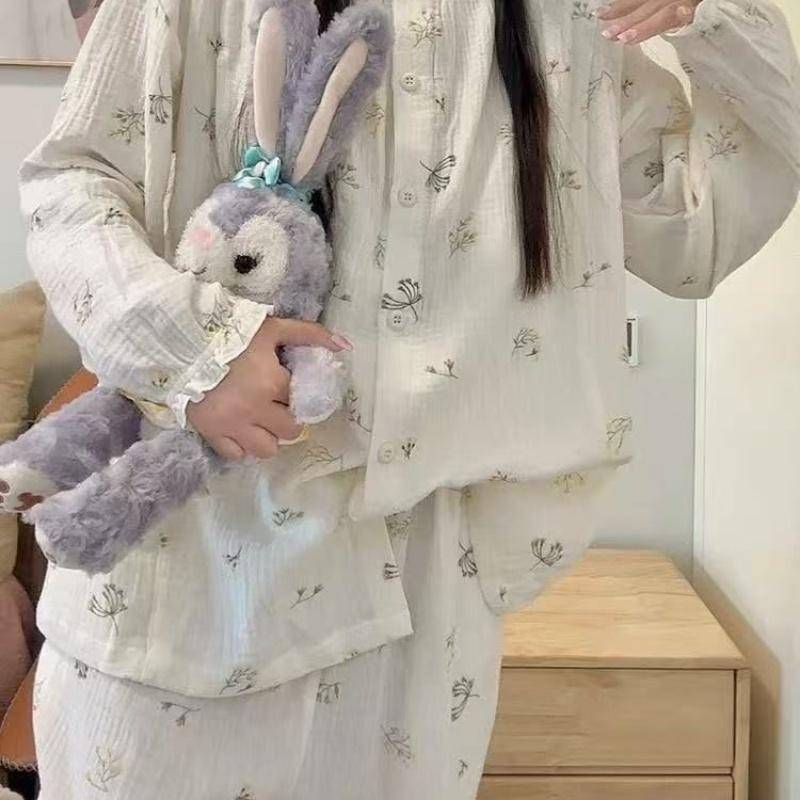 Frühling und Herbst Neue Damen Pyjamas Loungewear Set Mädchen Studenten Wolkenbaumwolle Niedliche Spitze Langärmlig Lange Hose Loungewear Set M von Joom DACH