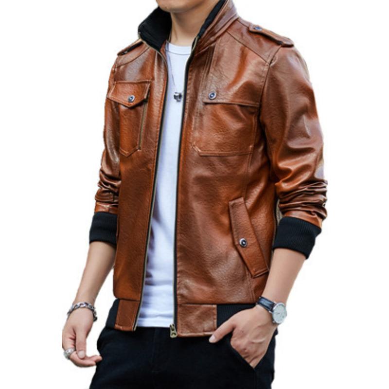 Frühling und Herbst Neue Herren PU Leder Herren Freizeitjacke Koreanische Slim Lederjacke Herrenjacke L braun von Joom DACH