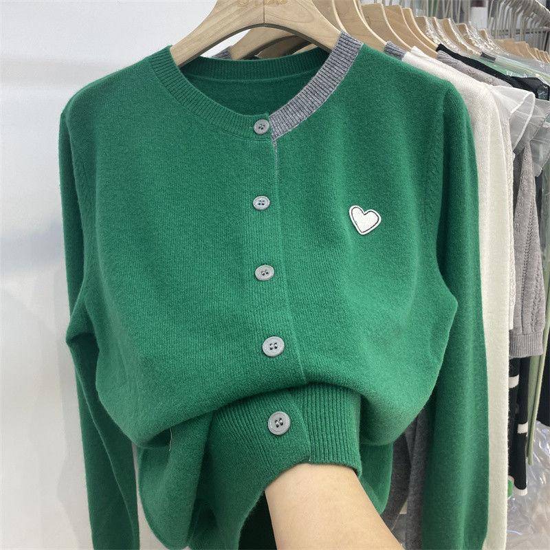 Frühling und Herbst Neue Koreanische Sanfte Strickjacke Frauen Patch Langarm Bottom Top Verwestlichte Lose Pullover Weiblichen Mantel One Size grün von Joom DACH